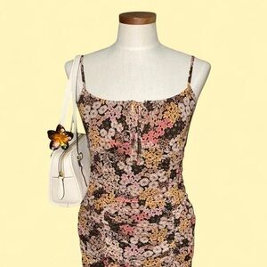 Ultra Flirt Ruched Mesh Bodycon Mini Dress Sz M in Brown Floral